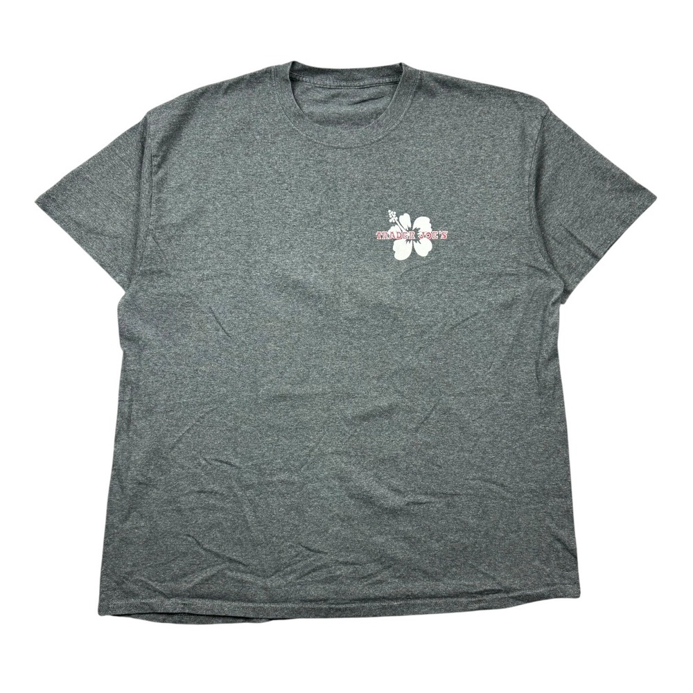 Trader Joes Shirt Men XL Gray Short Sleeve Hawaiian Hibiscus Logo Grocery Store